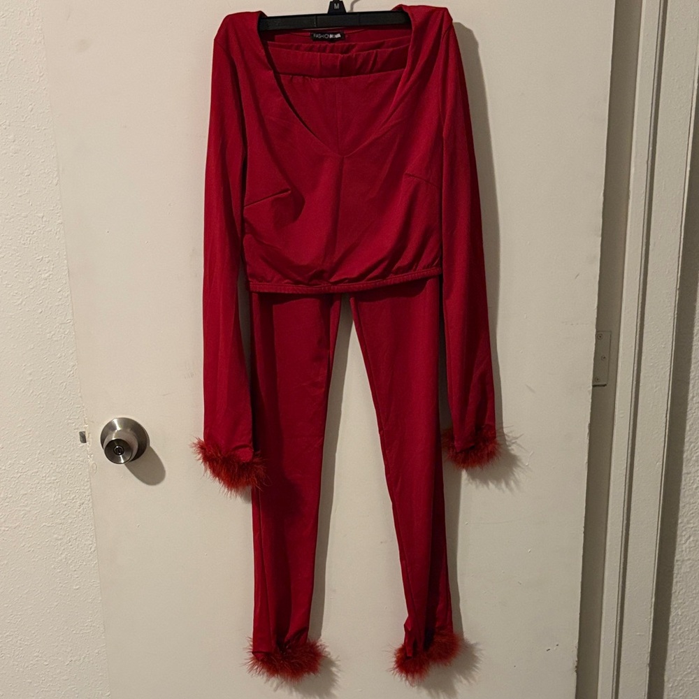 Fashion Nova Red Coord with Feather Cuffs